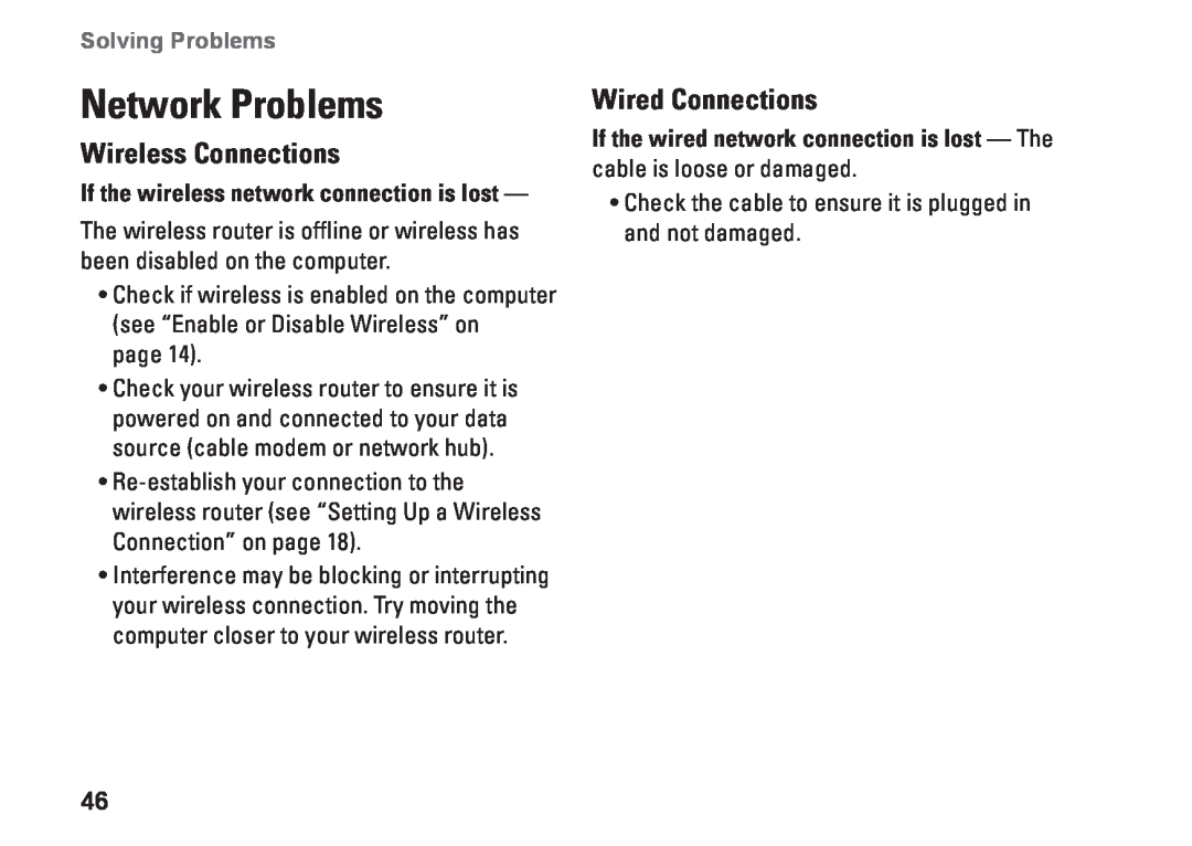Dell 09N1F7A01, N5010, P10F002, P10F001, M5010 Network Problems, Wireless Connections, Wired Connections, Solving Problems 