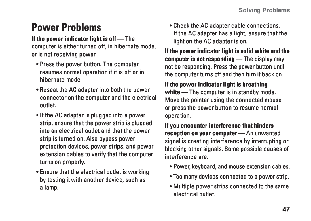 Dell N5010, P10F002, P10F001, M5010, 09N1F7A01 setup guide Power Problems, Solving Problems 
