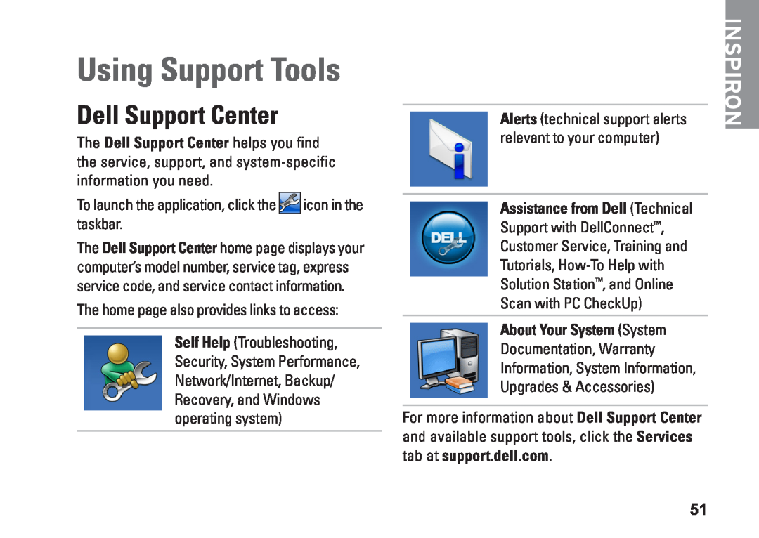 Dell P10F001, N5010, P10F002, M5010, 09N1F7A01 setup guide Using Support Tools, Dell Support Center, Inspiron 