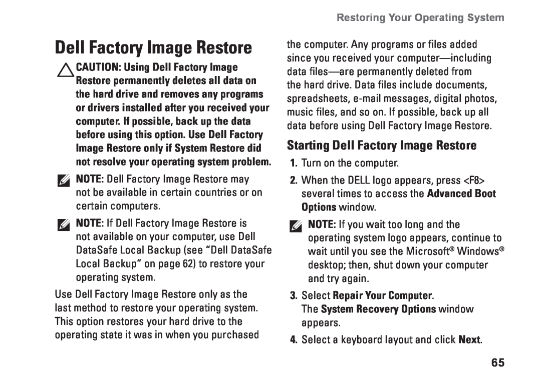 Dell P10F001, N5010, P10F002, M5010, 09N1F7A01 Starting Dell Factory Image Restore, Restoring Your Operating System 