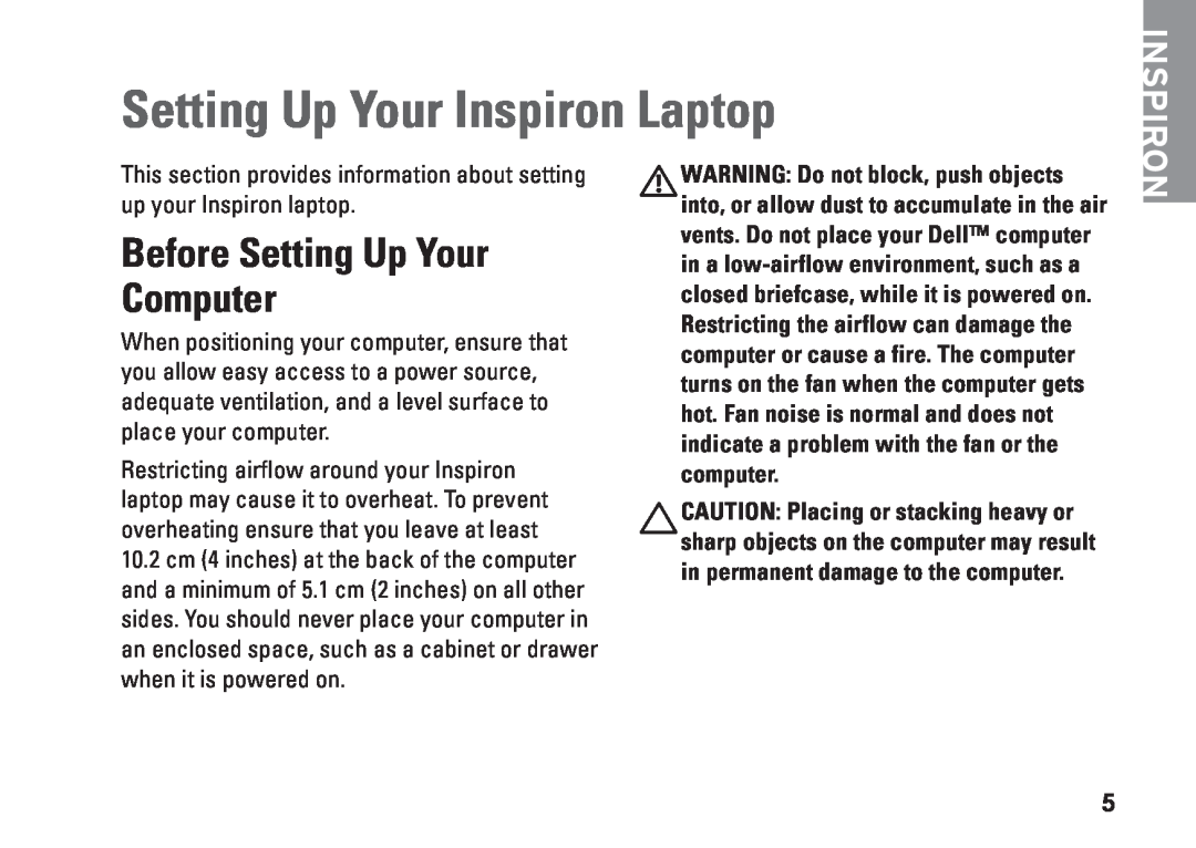 Dell N5010, P10F002, P10F001, M5010, 09N1F7A01 Setting Up Your Inspiron Laptop, Before Setting Up Your Computer 