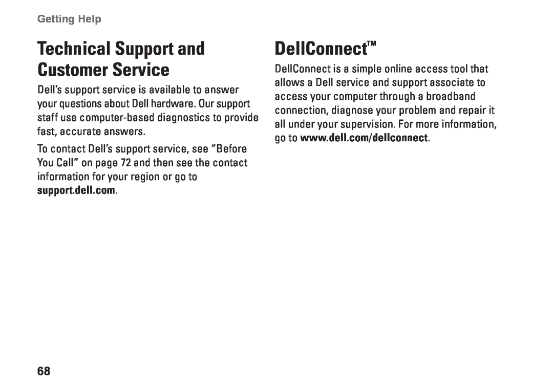 Dell N5010, P10F002, P10F001, M5010, 09N1F7A01 Technical Support and Customer Service, DellConnect, Getting Help 