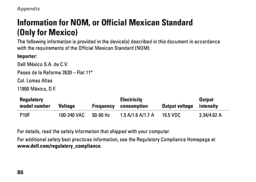 Dell P10F001, 9N1F7, N5010, P10F002, M5010 Information for NOM, or Official Mexican Standard Only for Mexico, Appendix 