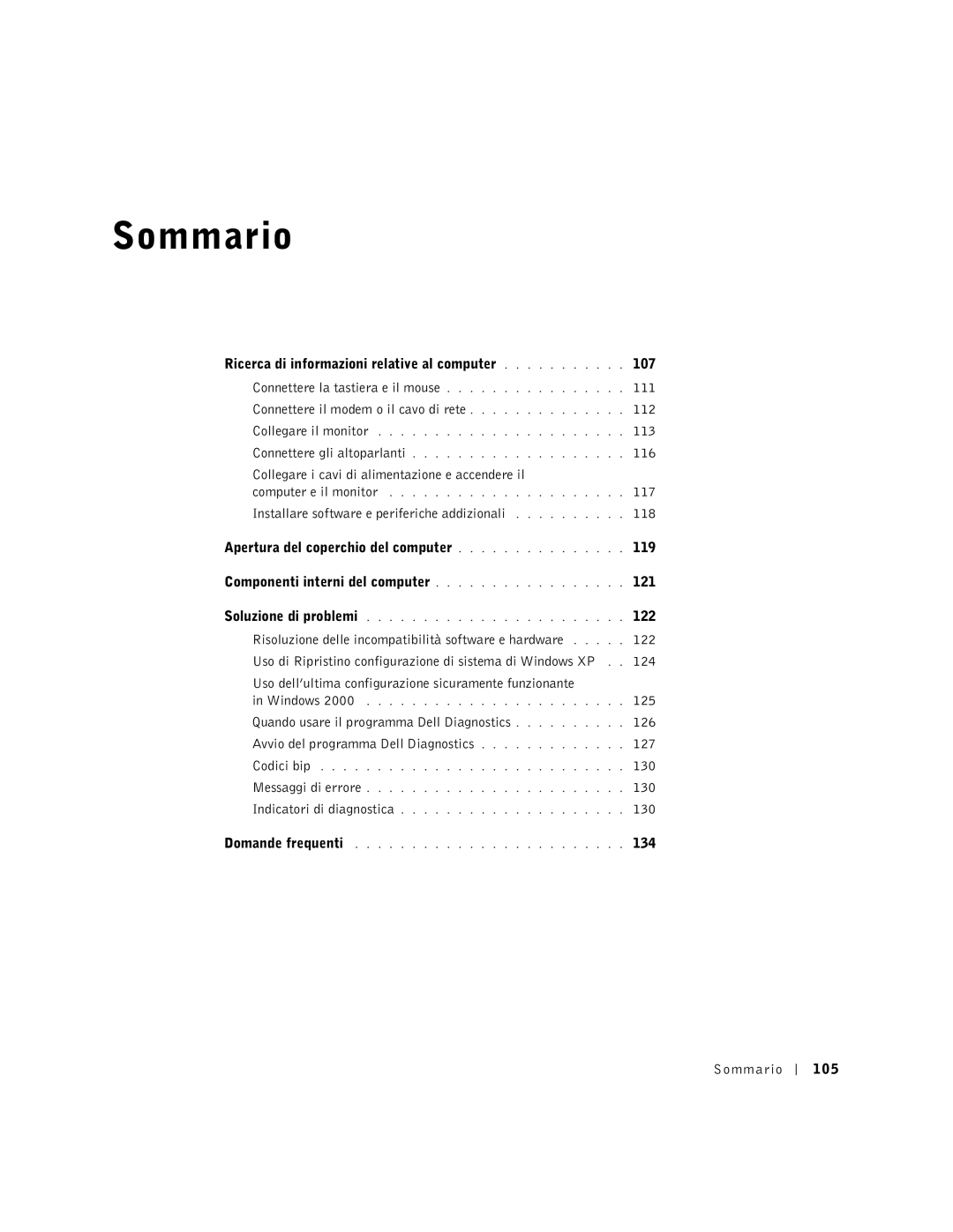 Dell 9T217 manual 113, 116, Collegare i cavi di alimentazione e accendere il, 117, 121, 122, 125, 130, 134, Sommario 105 