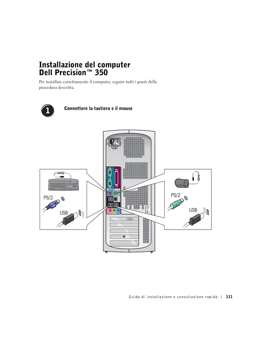 Dell 9T217 manual Installazione del computer Dell Precision, Connettere la tastiera e il mouse 