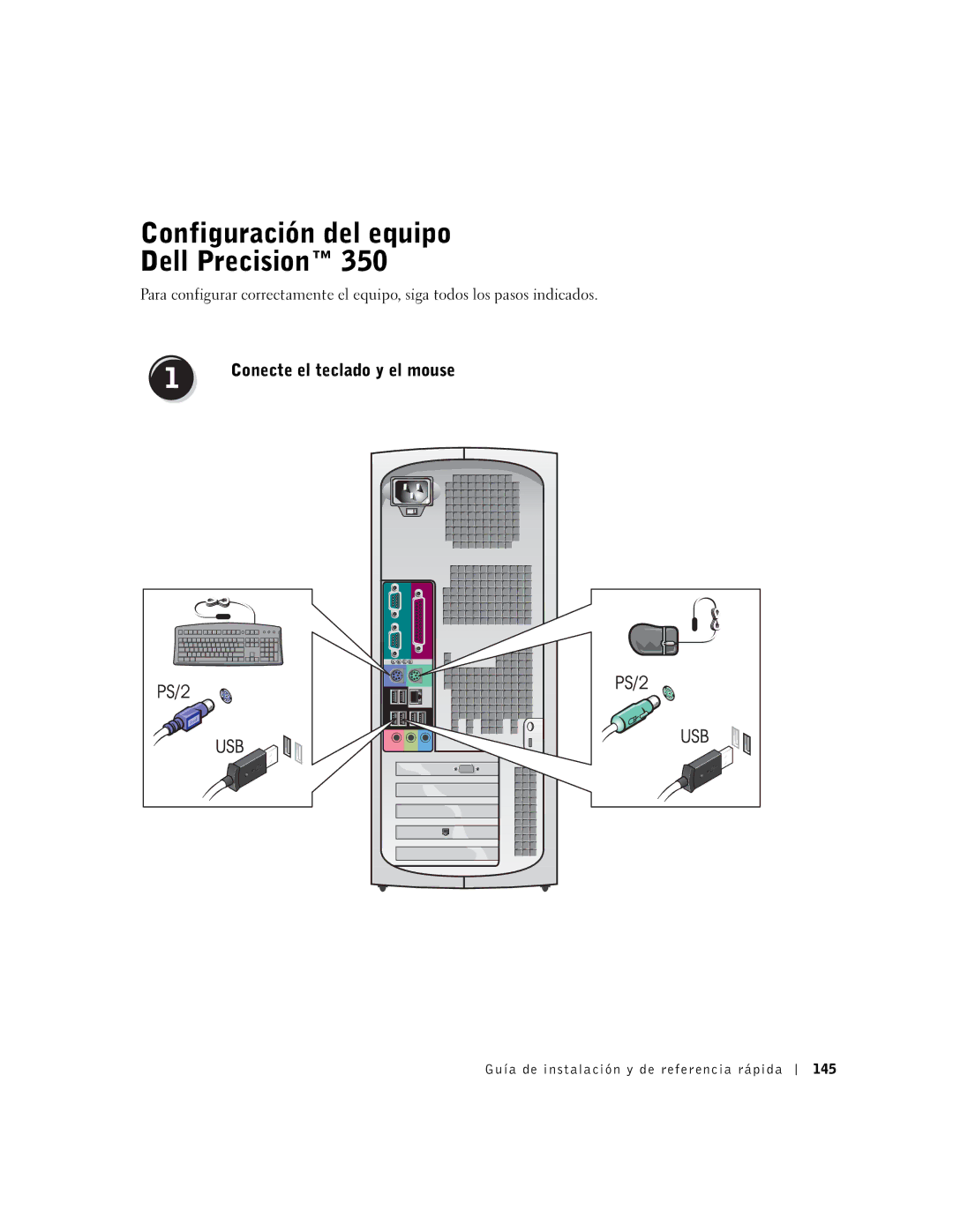 Dell 9T217 manual Configuración del equipo Dell Precision, Conecte el teclado y el mouse 