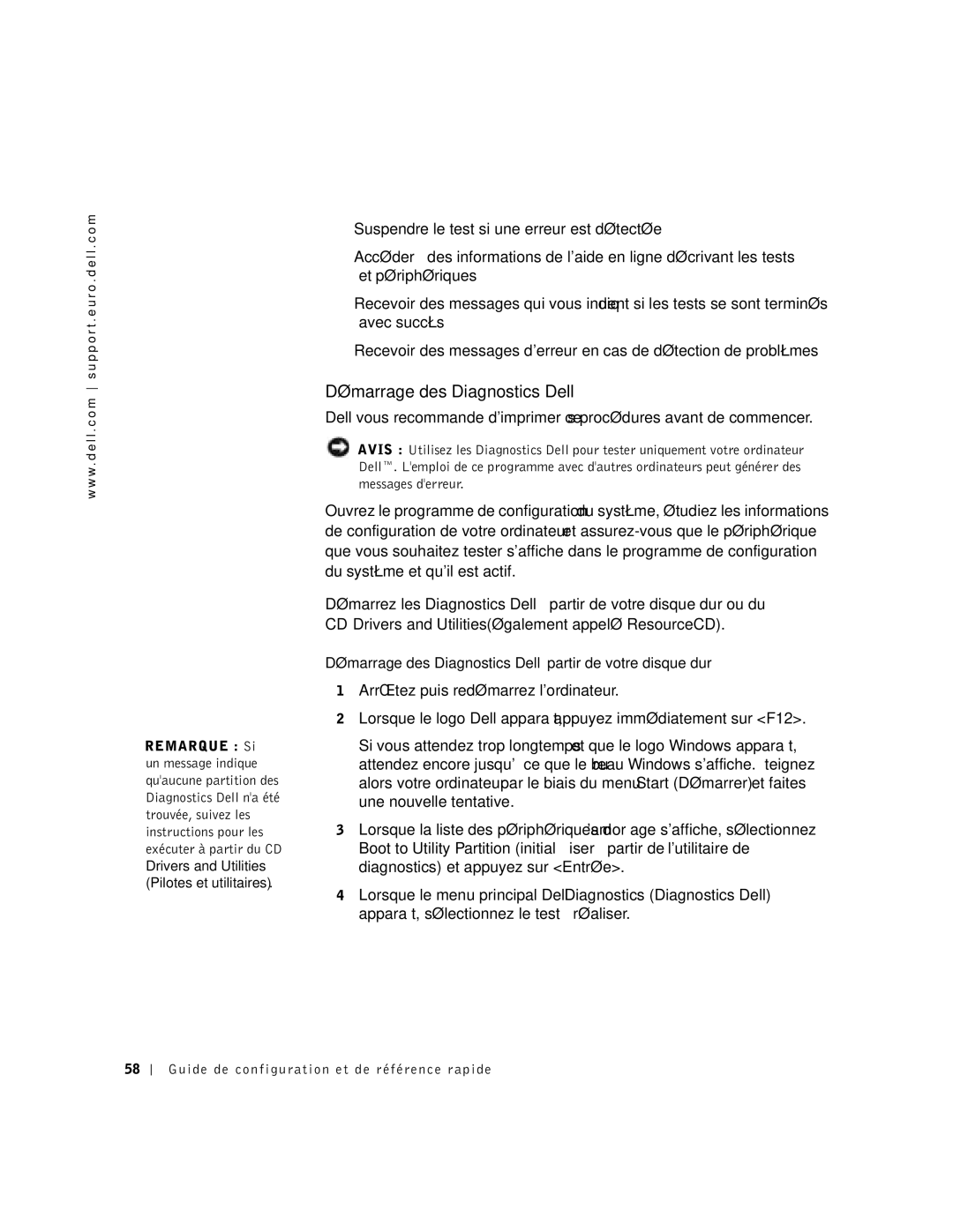 Dell 9T217 manual Démarrage des Diagnostics Dell à partir de votre disque dur 