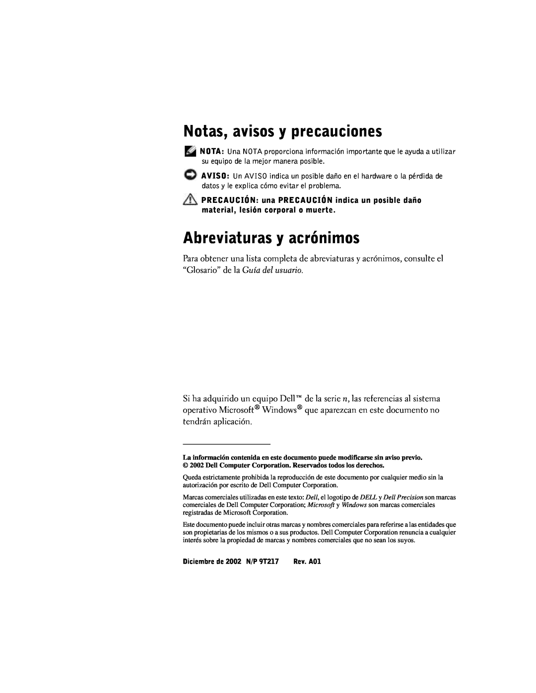 Dell manual Notas, avisos y precauciones, Abreviaturas y acrónimos, Diciembre de 2002 N/P 9T217 