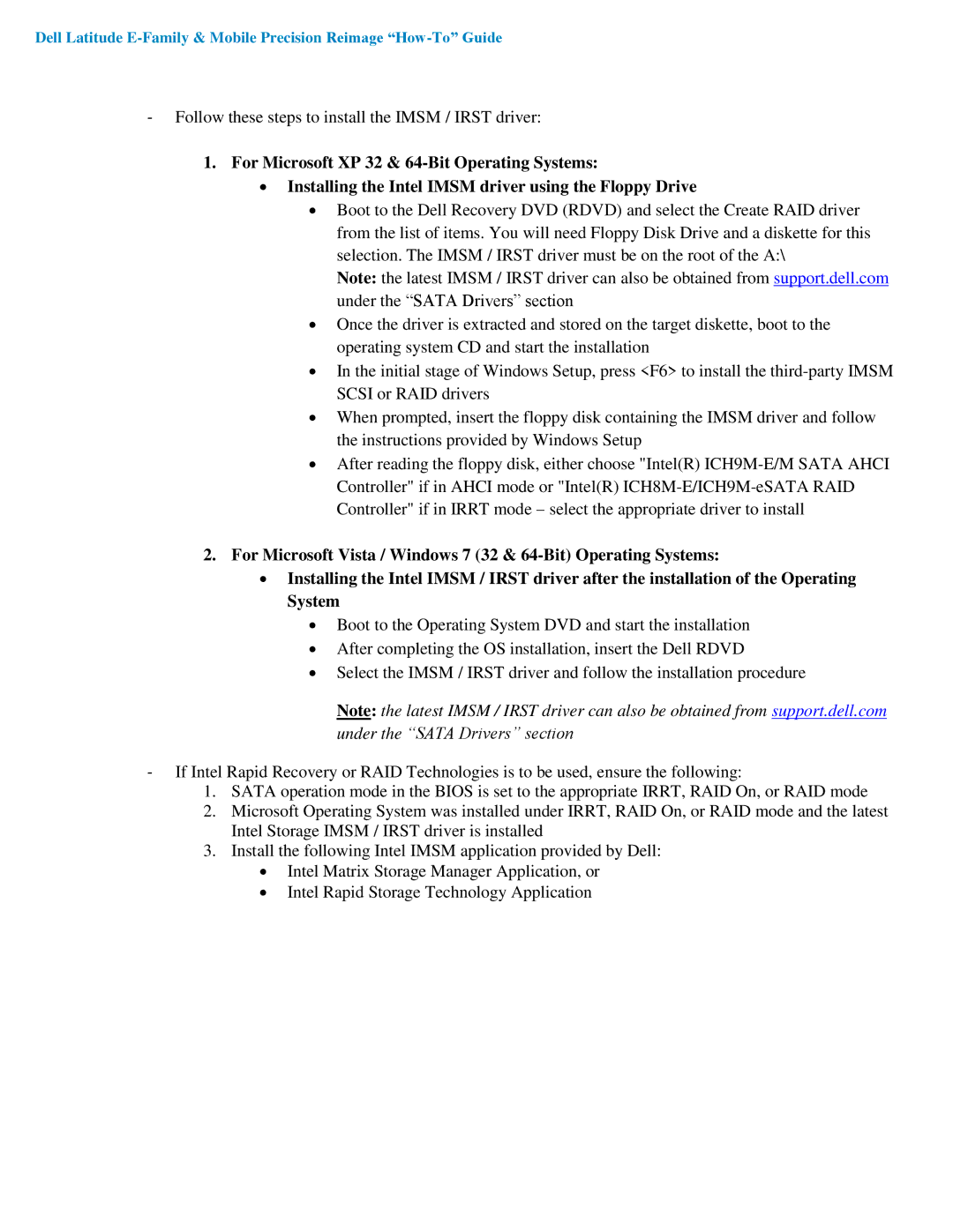 Dell A03 manual Follow these steps to install the Imsm / Irst driver 