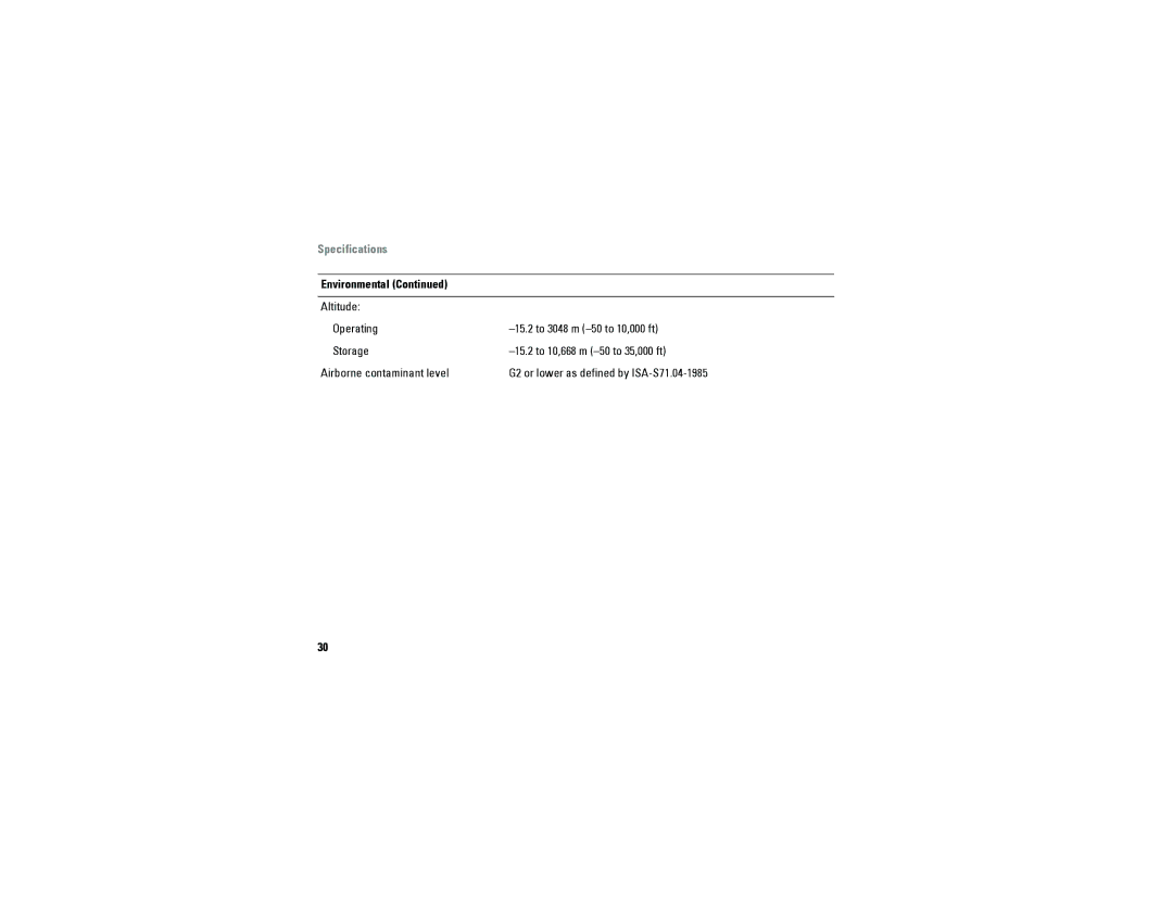 Dell A180, A100 Altitude, 15.2 to 3048 m -50 to 10,000 ft, 15.2 to 10,668 m -50 to 35,000 ft, Airborne contaminant level 