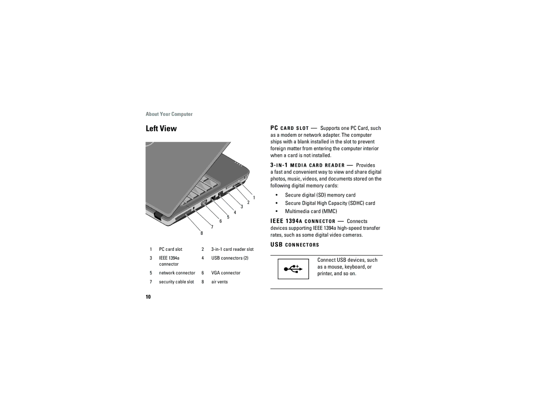 Dell A840, A860 manual Left View, Usb C O N N E C T O R S 