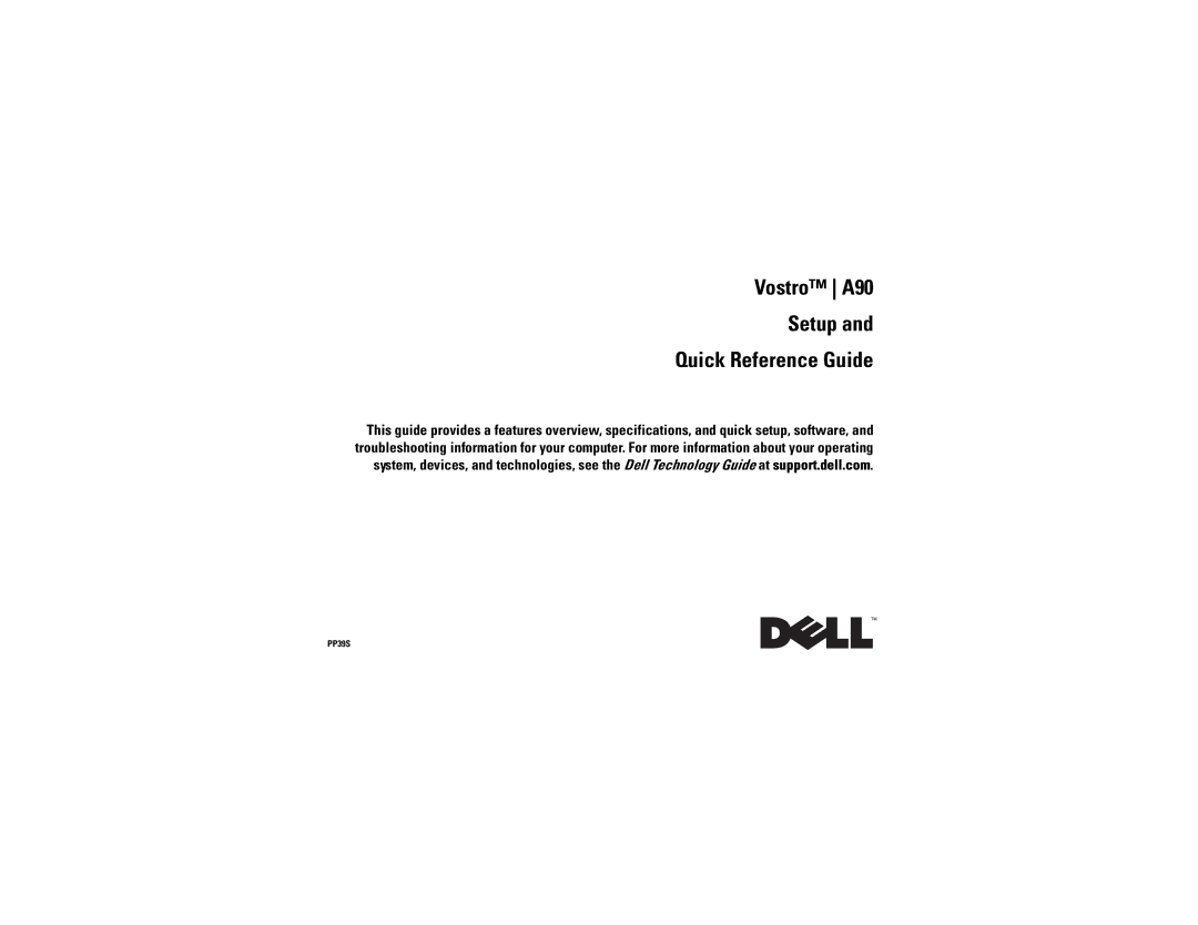 Dell specifications Vostro A90 Setup Quick Reference Guide 