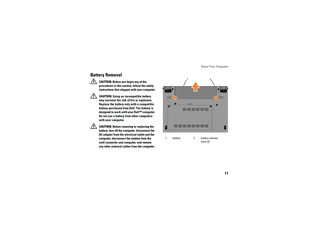 Dell A90 specifications Battery Removal 