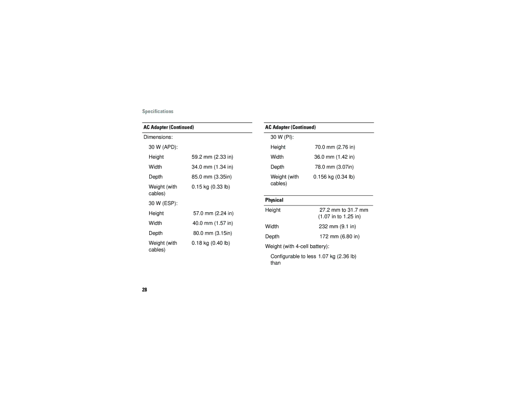 Dell A90 specifications AC Adapter Dimensions 