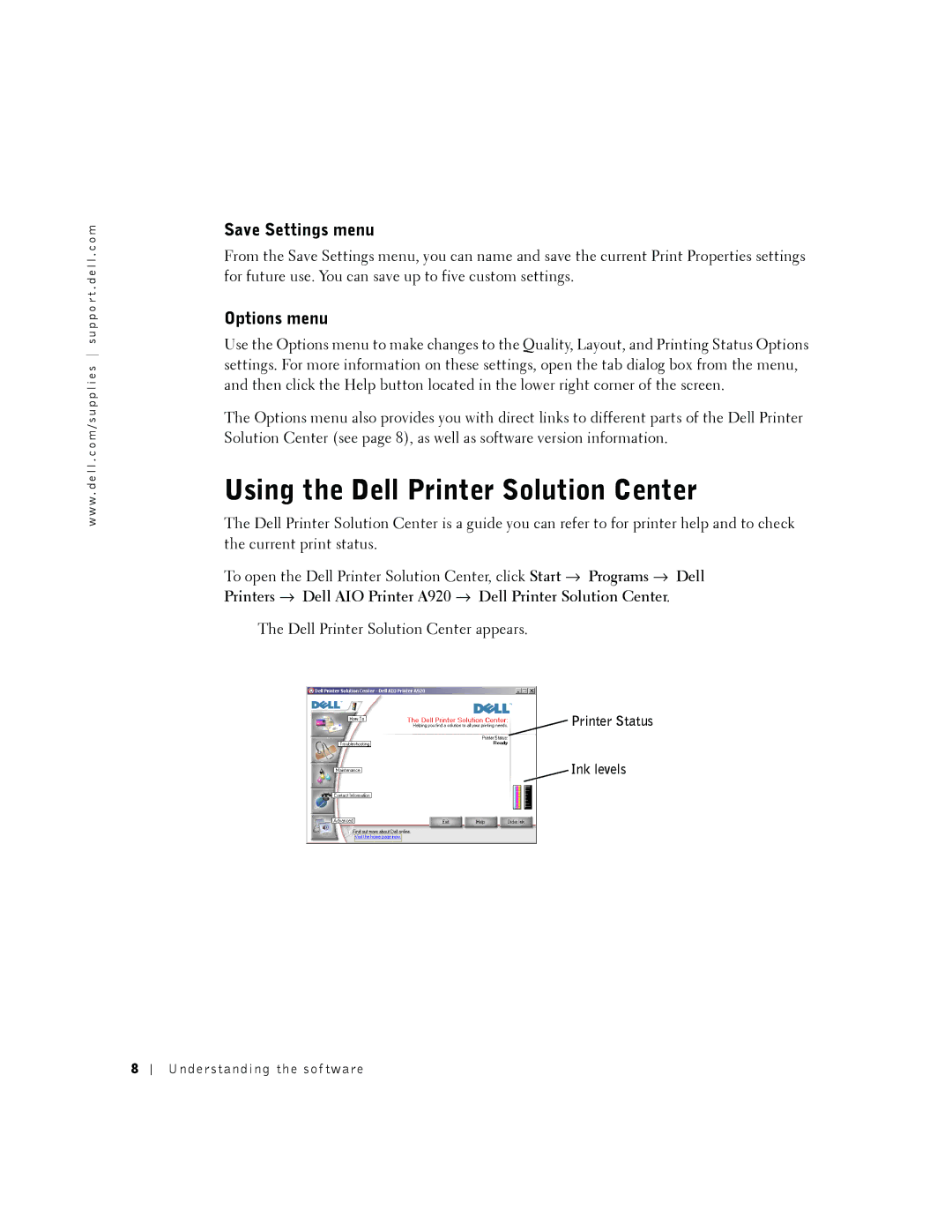 Dell A920 owner manual Using the Dell Printer Solution Center, Save Settings menu, Options menu 