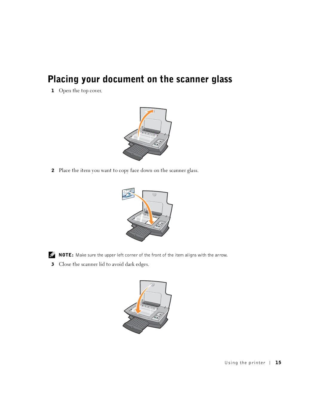 Dell A920 owner manual Placing your document on the scanner glass 