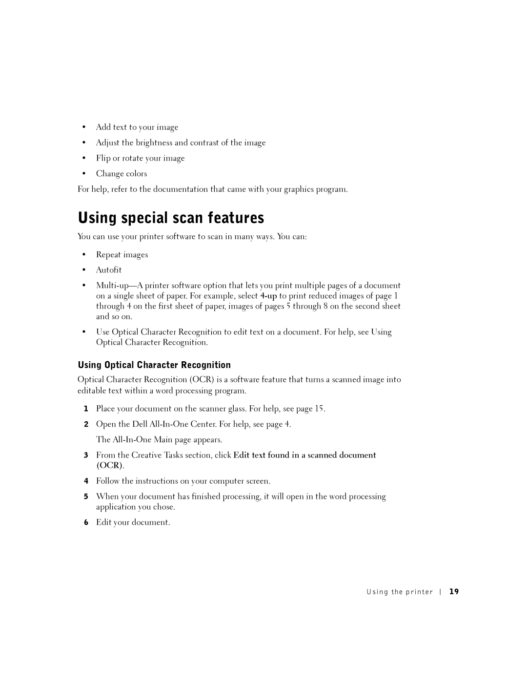 Dell A920 owner manual Using special scan features, Using Optical Character Recognition 