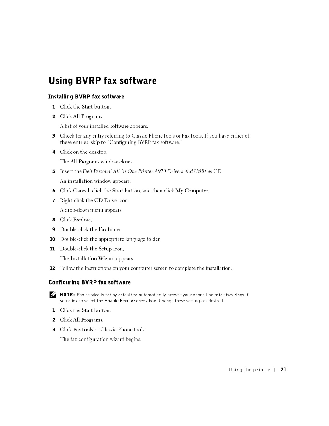 Dell A920 owner manual Using Bvrp fax software, Installing Bvrp fax software, Configuring Bvrp fax software 