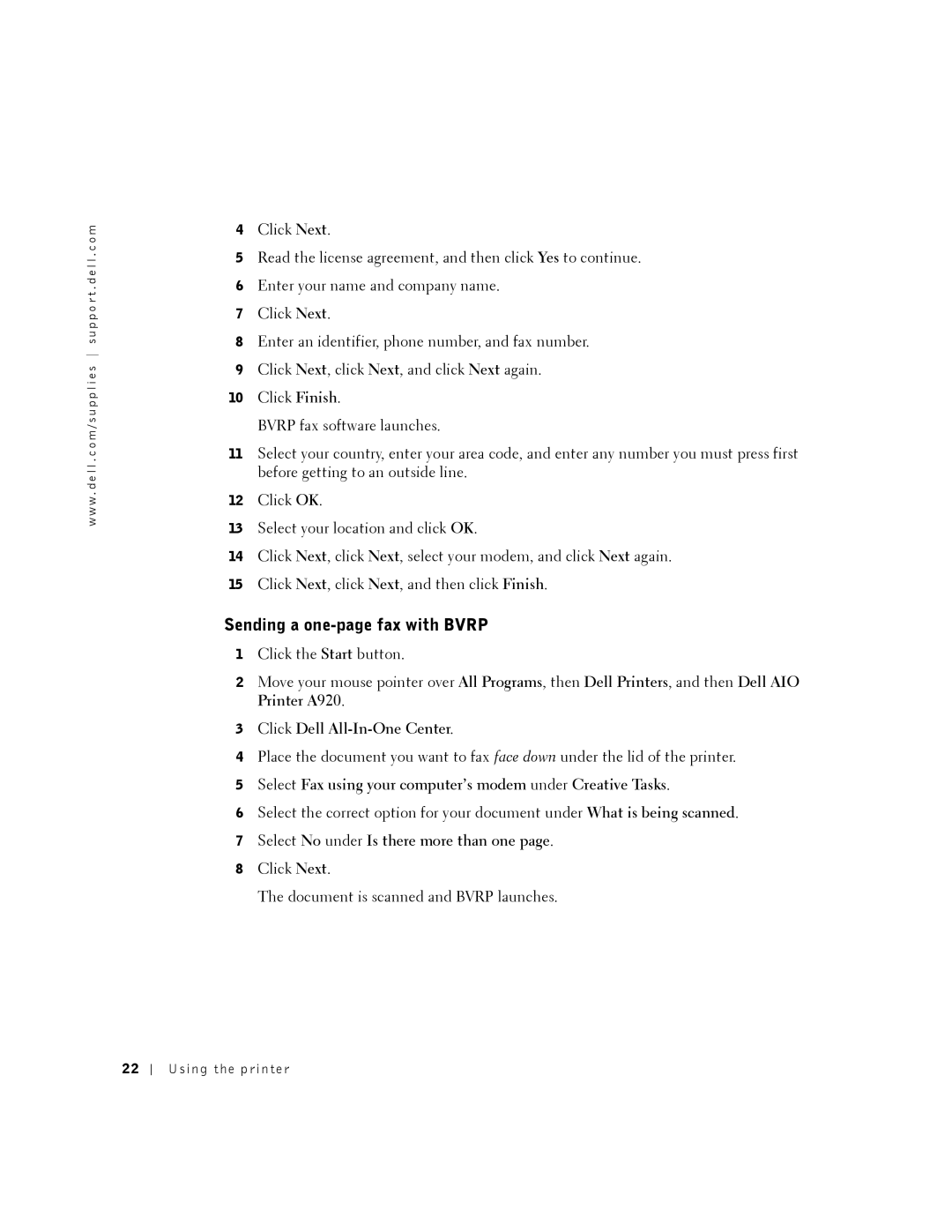 Dell A920 owner manual Sending a one-page fax with Bvrp 