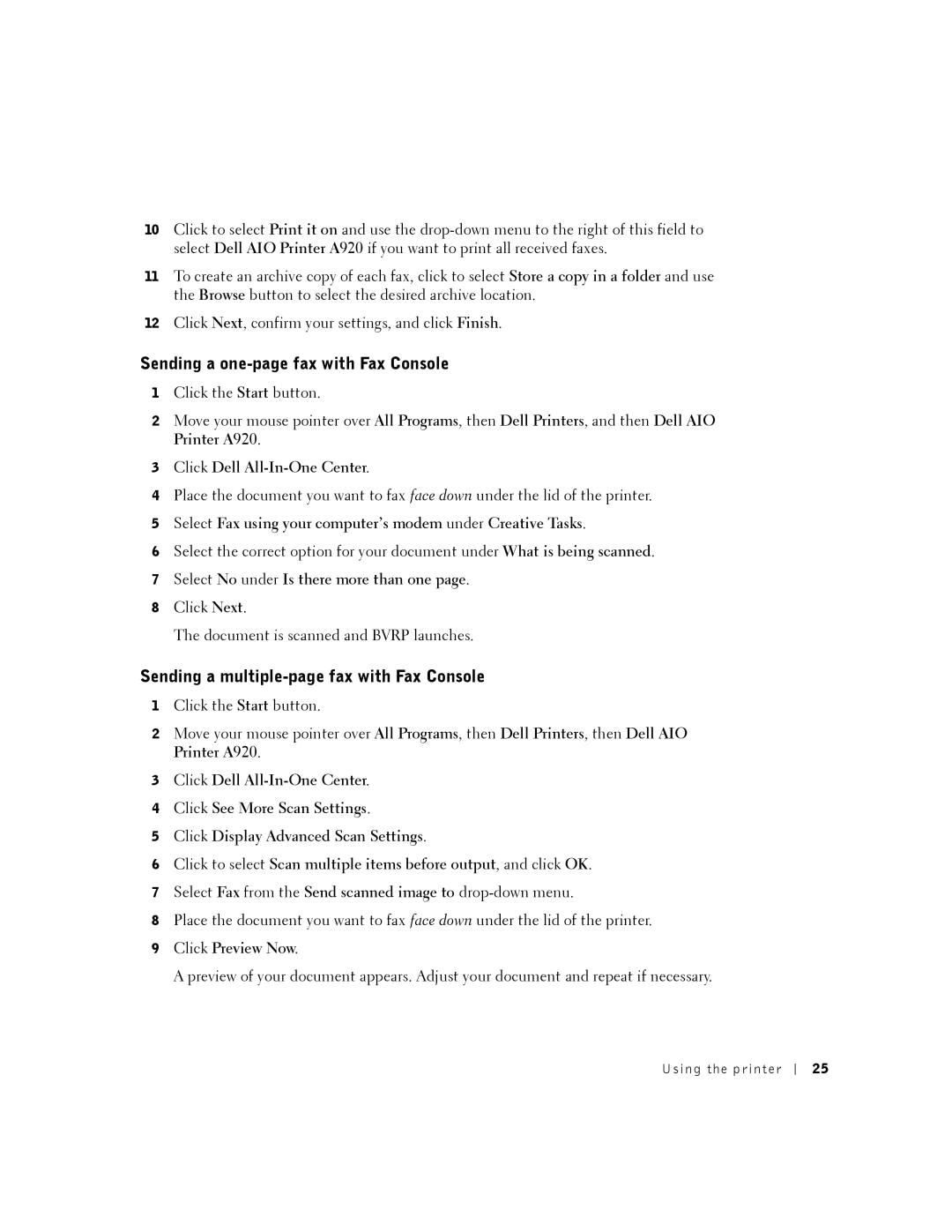 Dell A920 owner manual Sending a one-page fax with Fax Console, Sending a multiple-page fax with Fax Console 