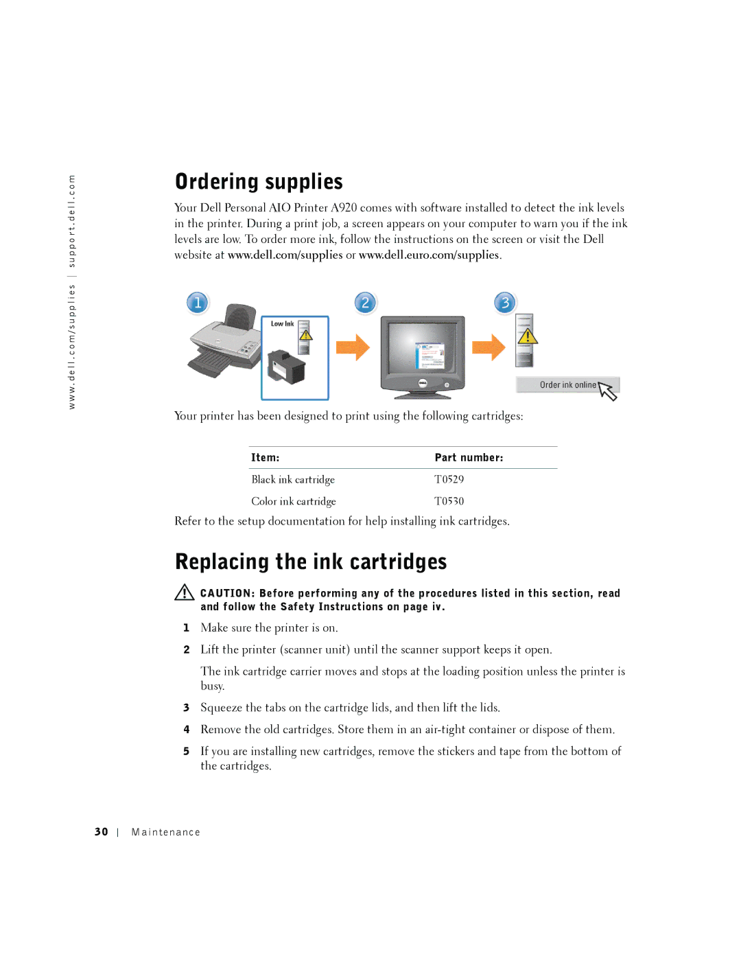 Dell A920 owner manual Ordering supplies, Replacing the ink cartridges 