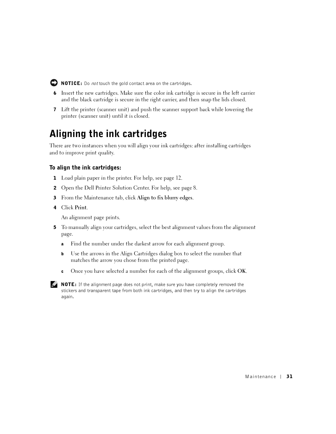 Dell A920 owner manual Aligning the ink cartridges, To align the ink cartridges 