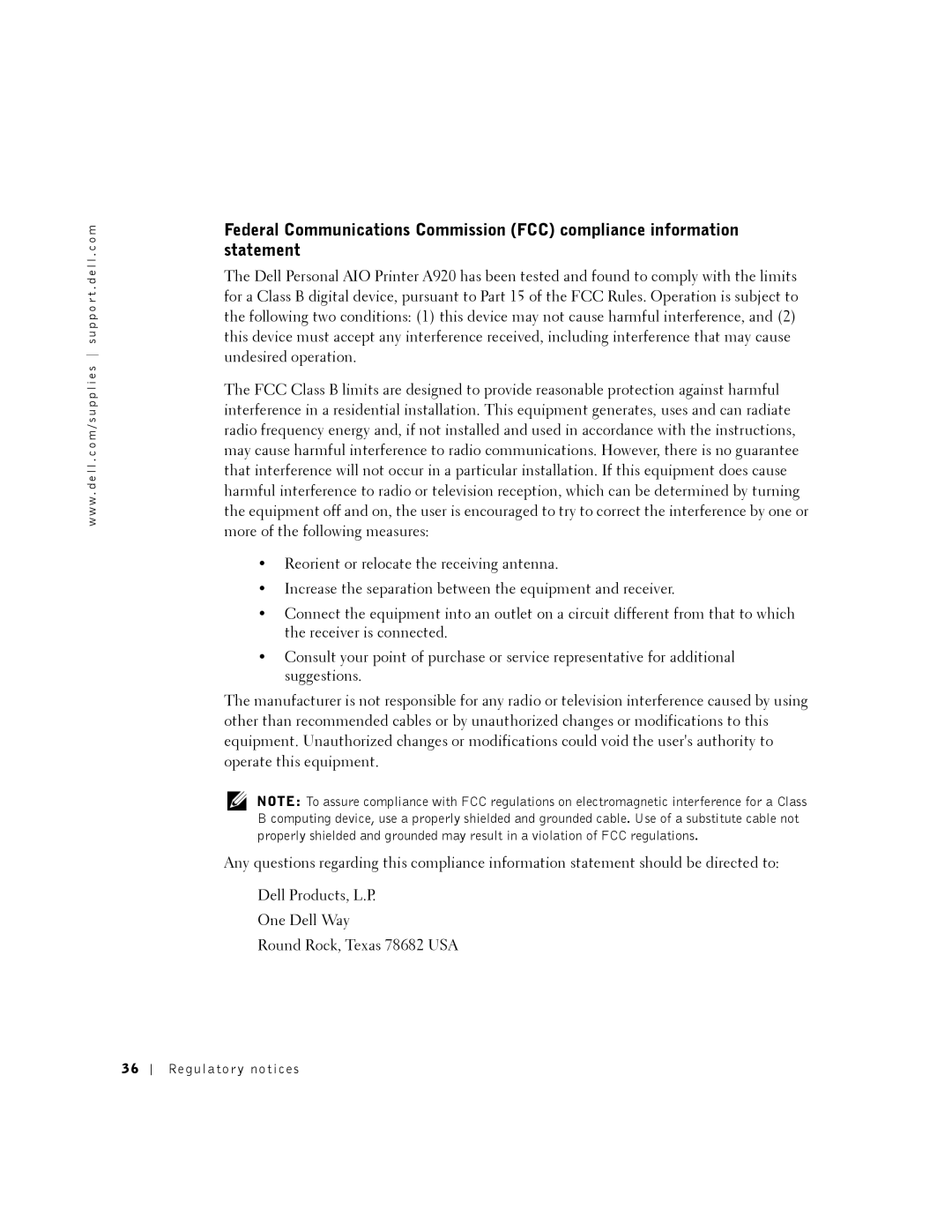 Dell A920 owner manual Regulator y notices 