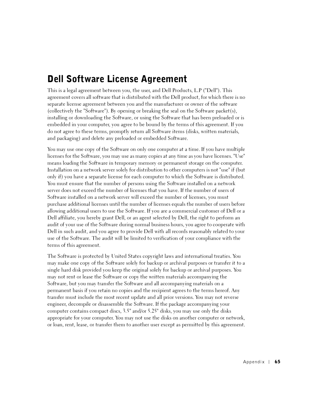 Dell A920 owner manual Dell Software License Agreement 