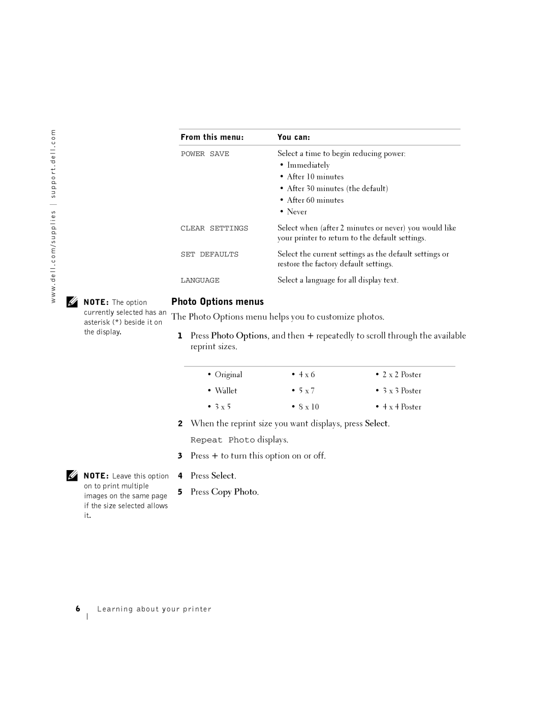 Dell A940 manual Photo Options menus 