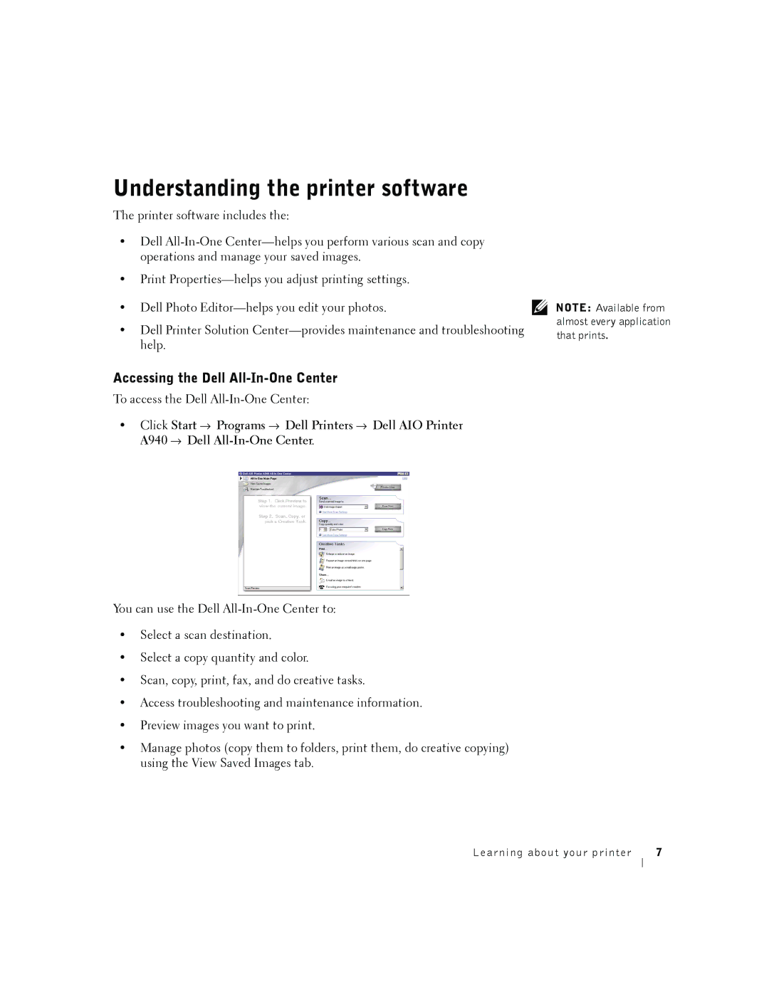 Dell A940 manual Understanding the printer software, Accessing the Dell All-In-One Center 