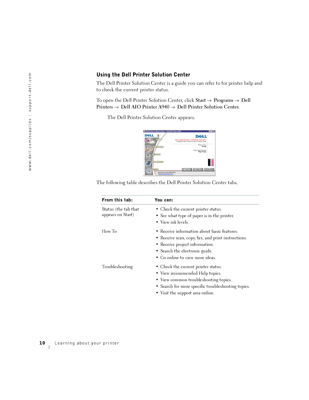 Dell A940 manual Using the Dell Printer Solution Center, From this tab You can 