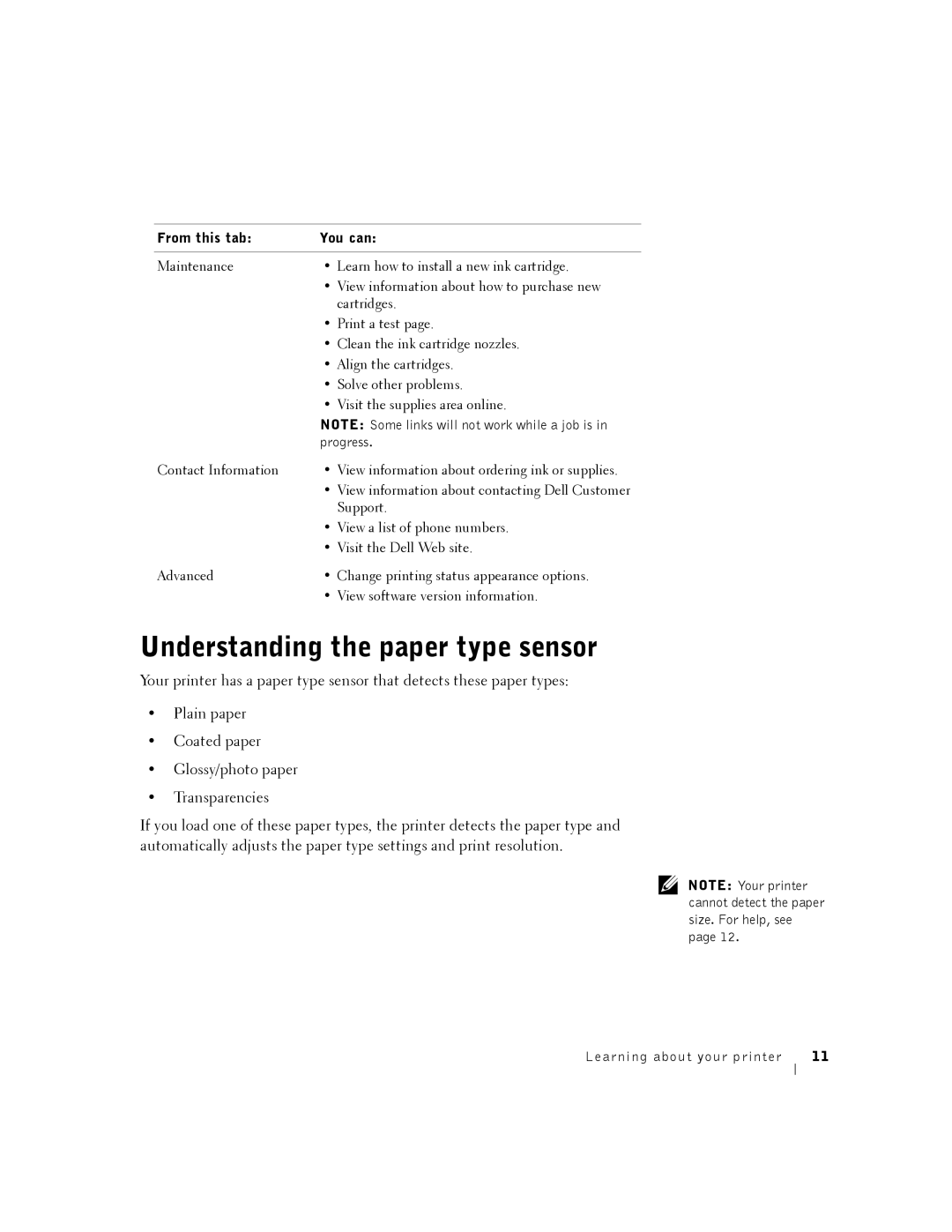 Dell A940 manual Understanding the paper type sensor, Progress 