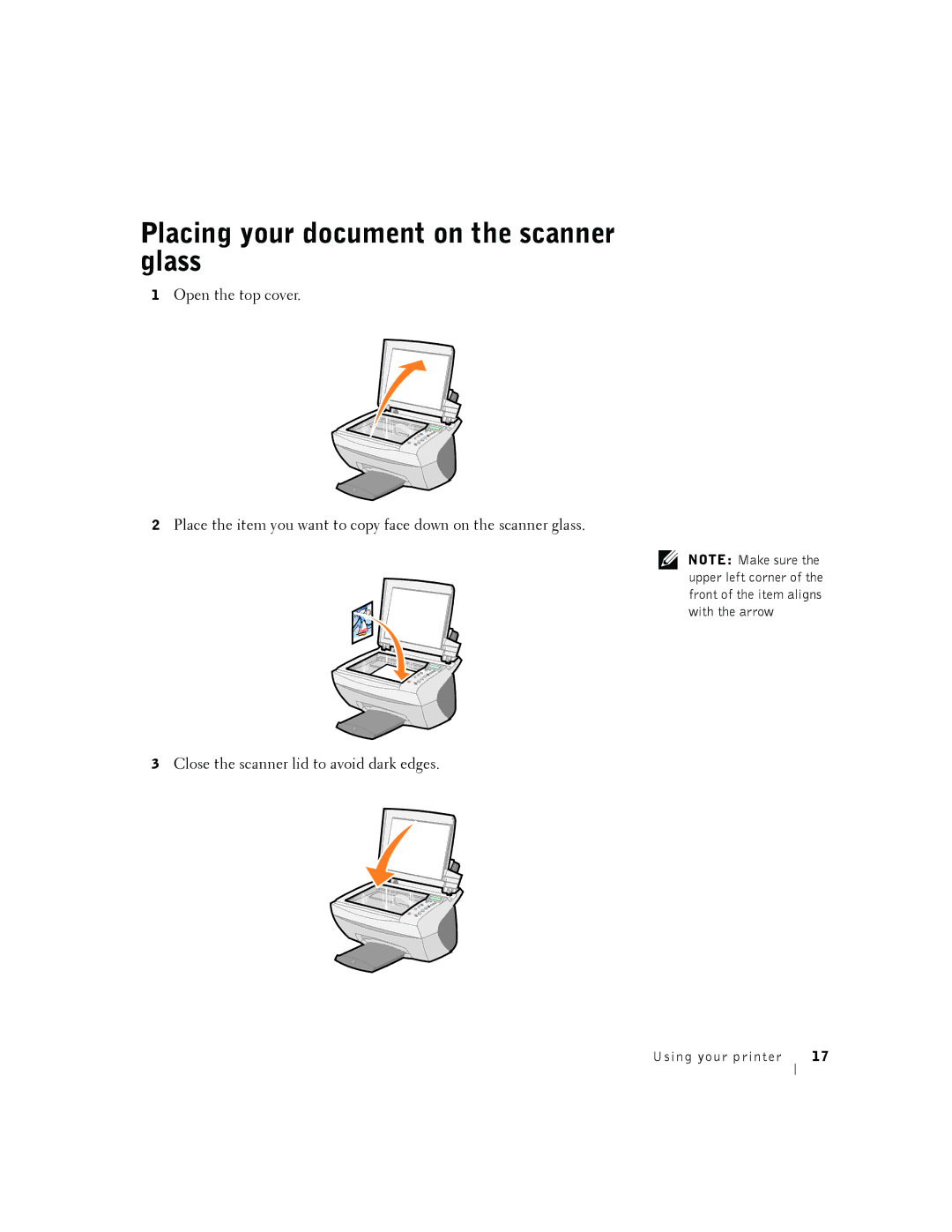 Dell A940 manual Placing your document on the scanner glass 