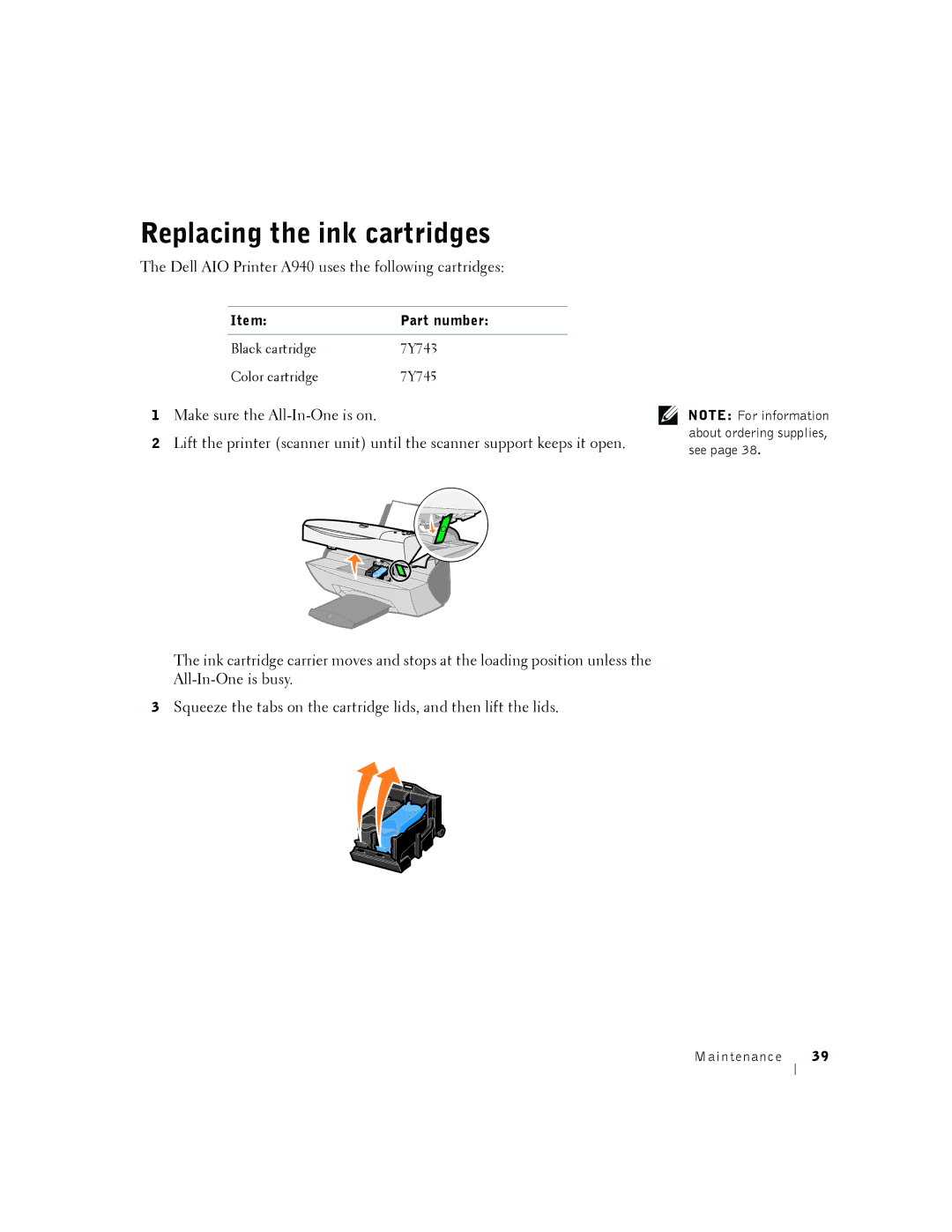 Dell A940 manual Replacing the ink cartridges 