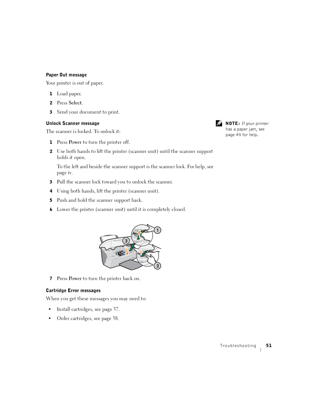 Dell A940 manual Paper Out message, Unlock Scanner message, Cartridge Error messages 