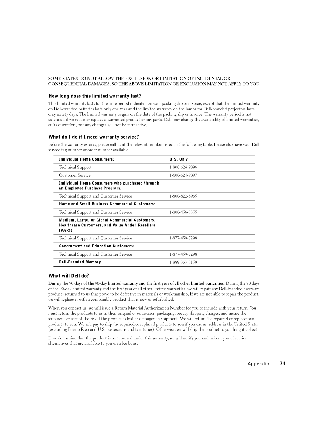 Dell A940 manual How long does this limited warranty last?, What do I do if I need warranty service?, What will Dell do? 