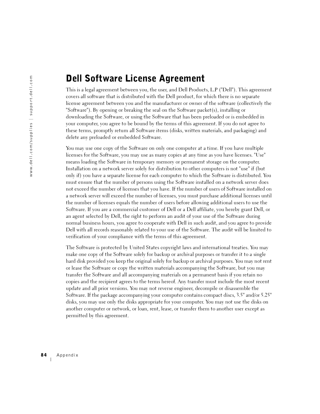 Dell A940 manual Dell Software License Agreement 