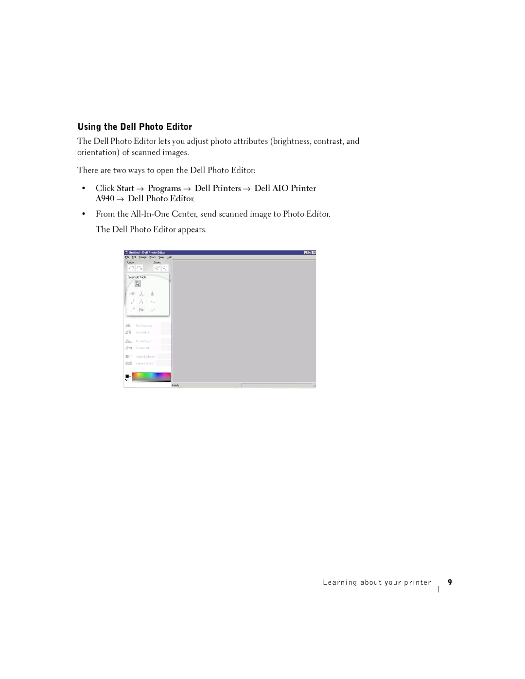 Dell A940 owner manual Using the Dell Photo Editor 