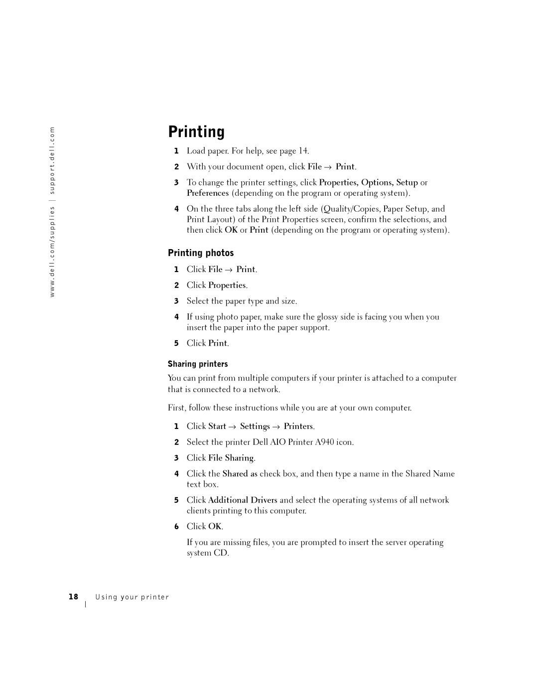 Dell A940 owner manual Printing photos, Sharing printers 