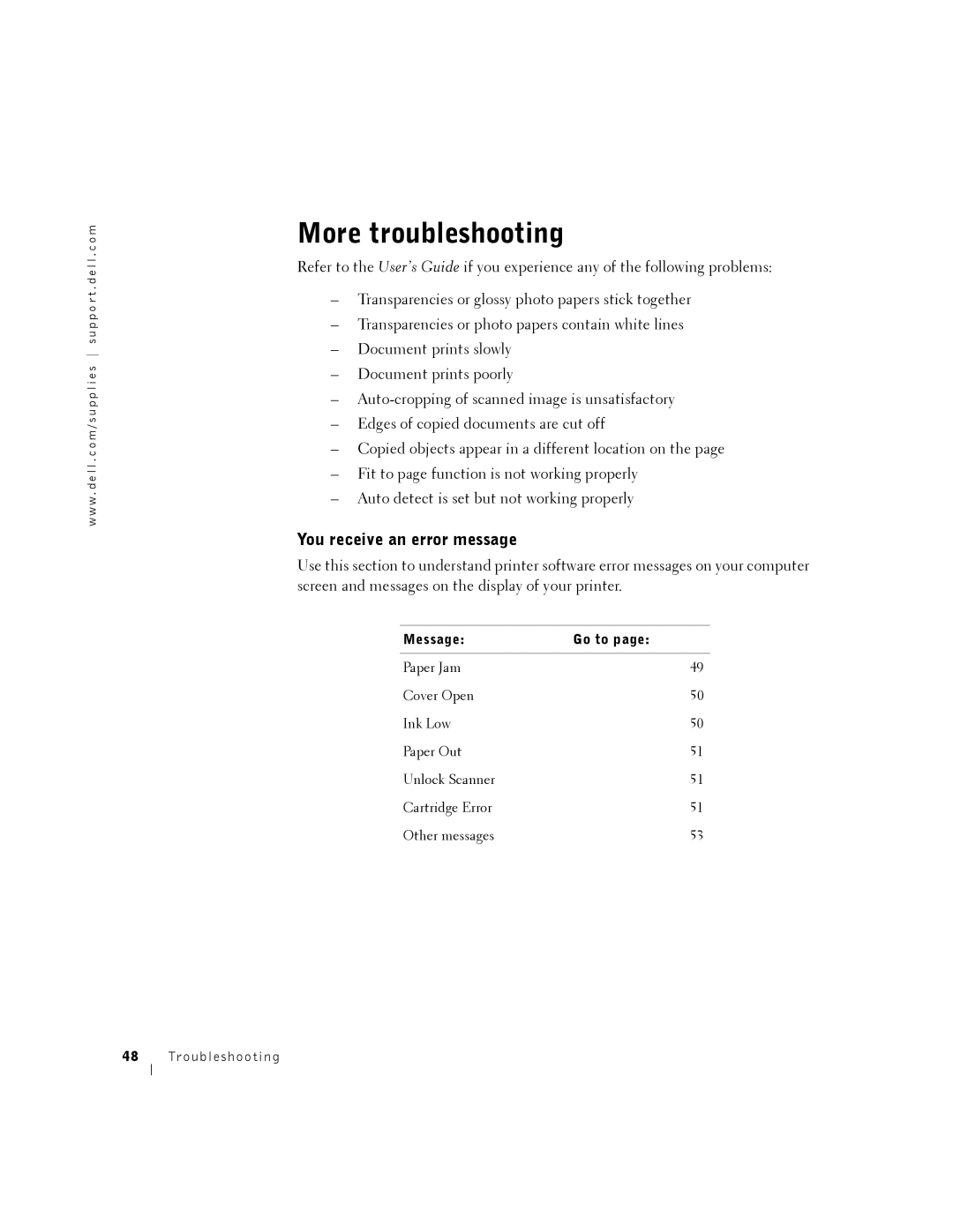 Dell A940 owner manual More troubleshooting, You receive an error message 