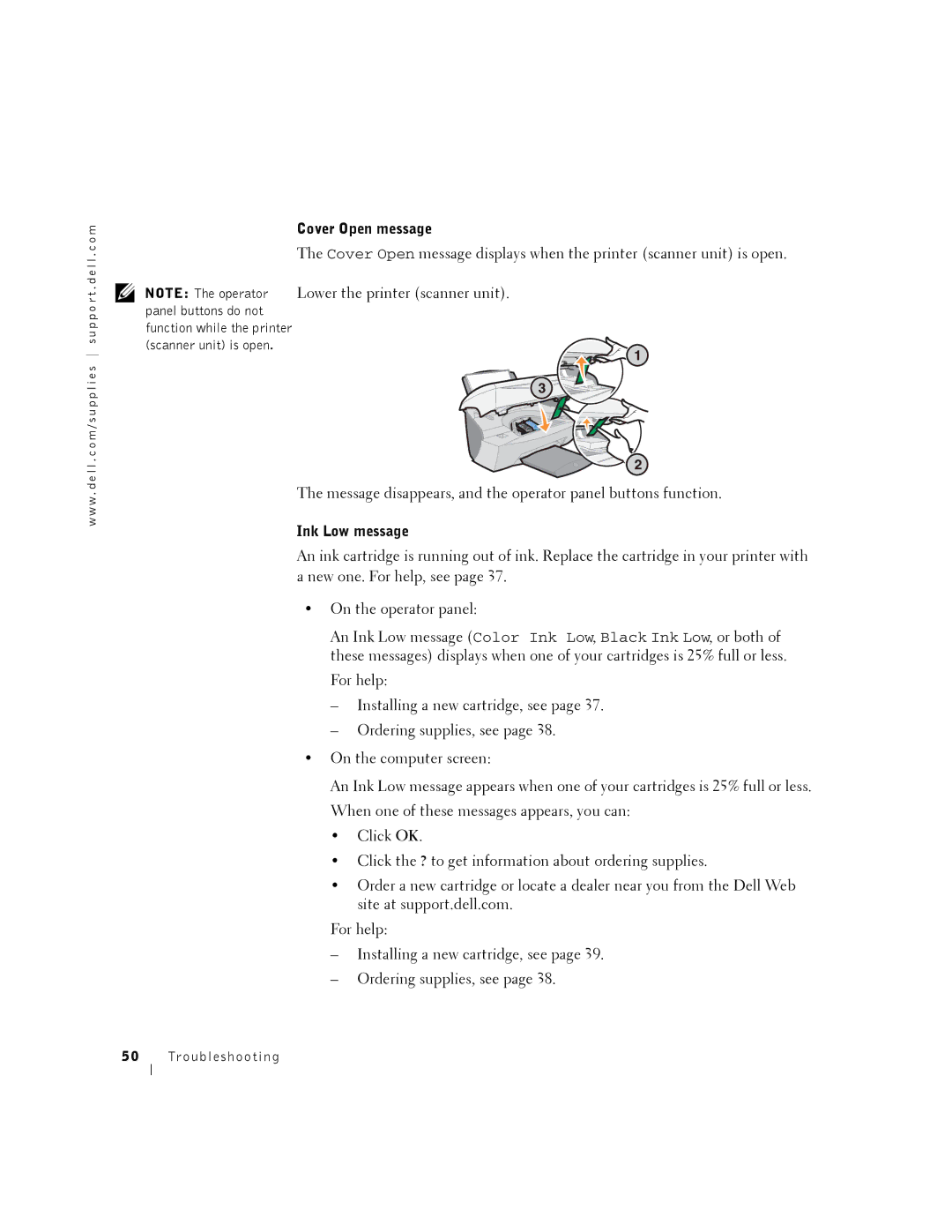 Dell A940 owner manual Cover Open message, Ink Low message 