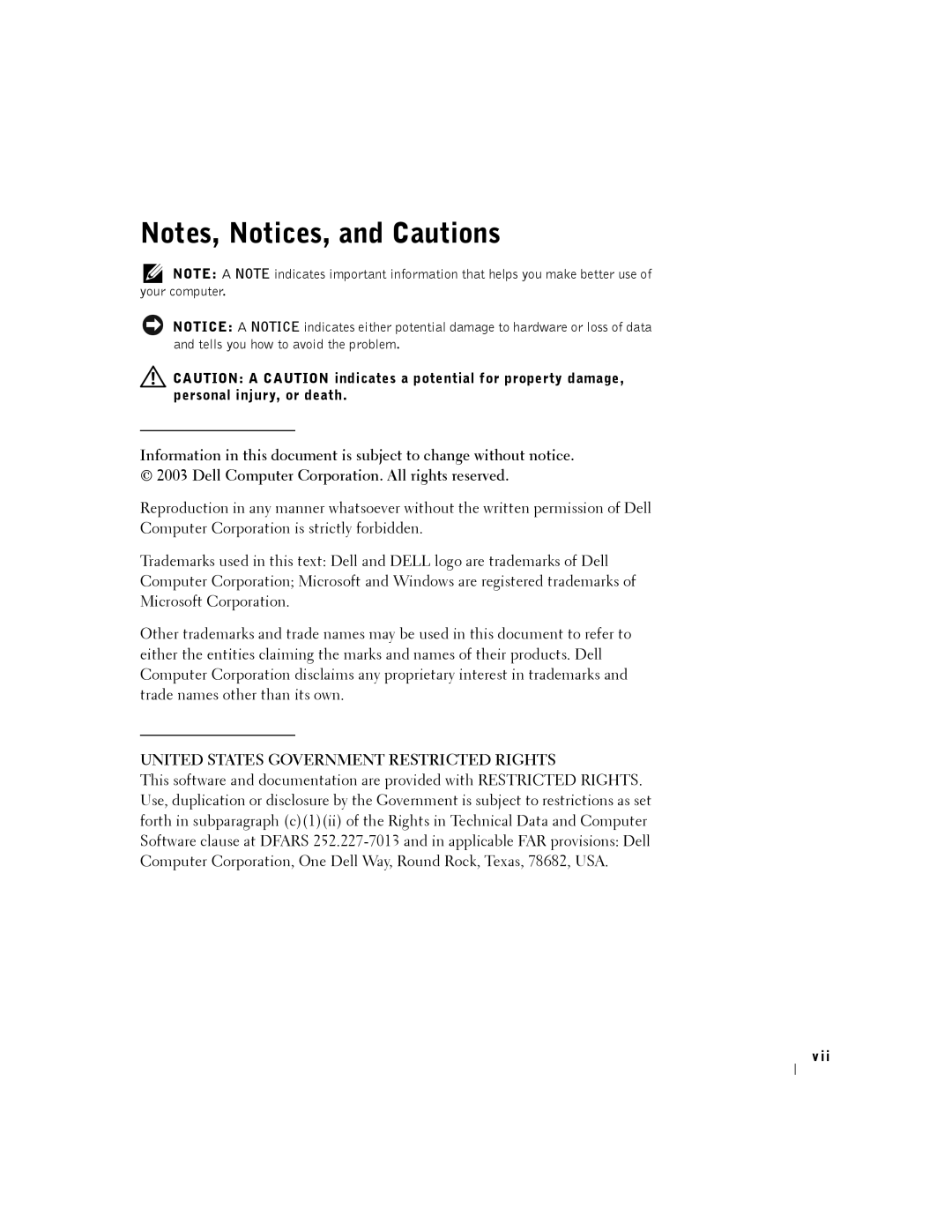 Dell A940 owner manual United States Government Restricted Rights 