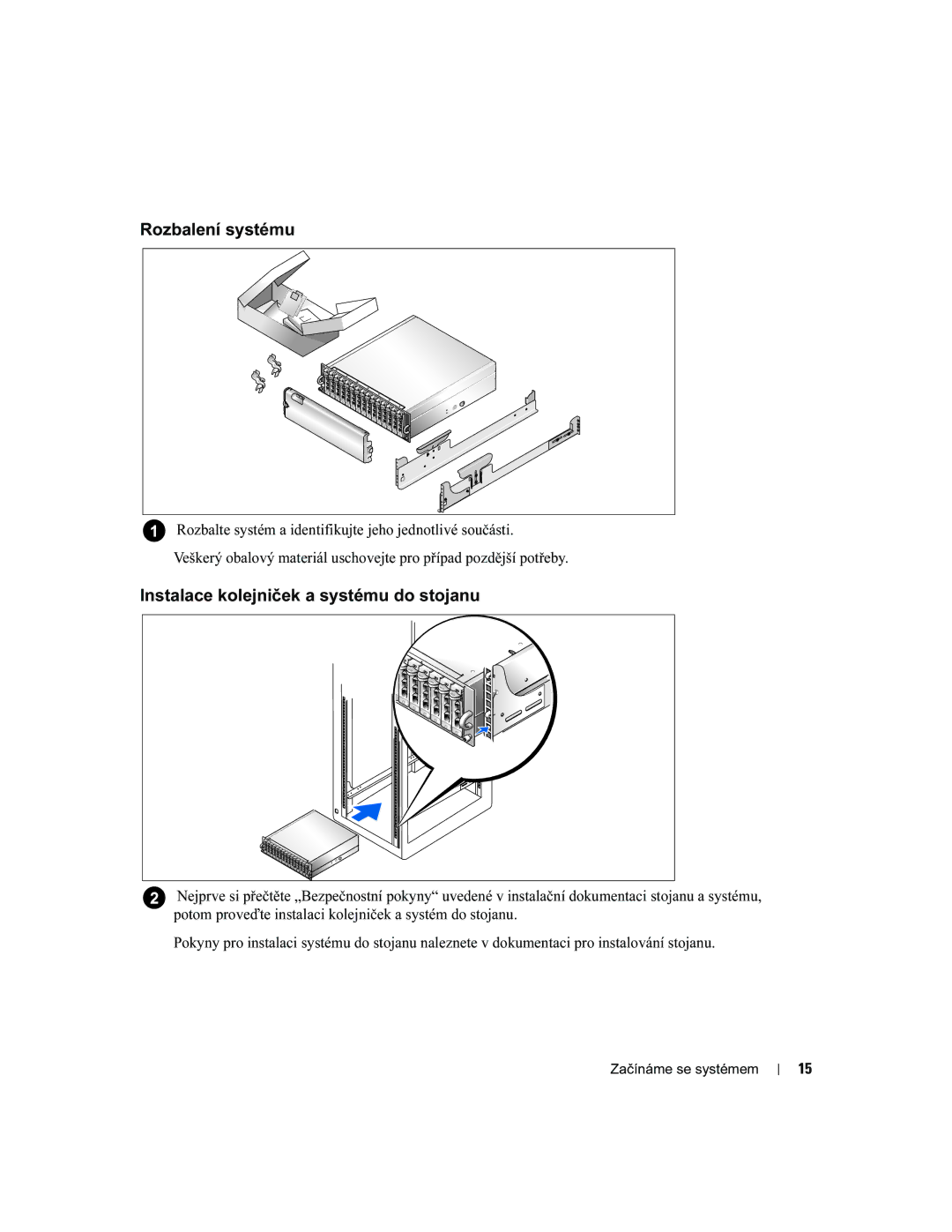 Dell FK446, AMP01 manual Rozbalení systému, Instalace kolejniček a systému do stojanu 