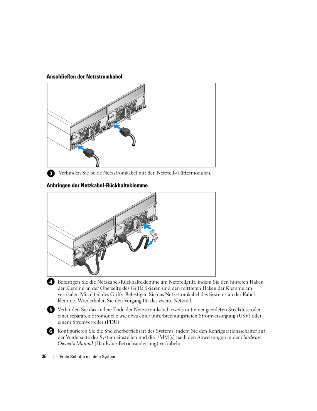 Dell AMP01, FK446 manual Anschließen der Netzstromkabel, Anbringen der Netzkabel-Rückhalteklemme 