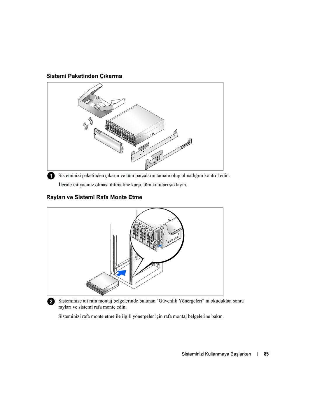 Dell FK446, AMP01 manual Sistemi Paketinden Çıkarma, Rayları ve Sistemi Rafa Monte Etme 