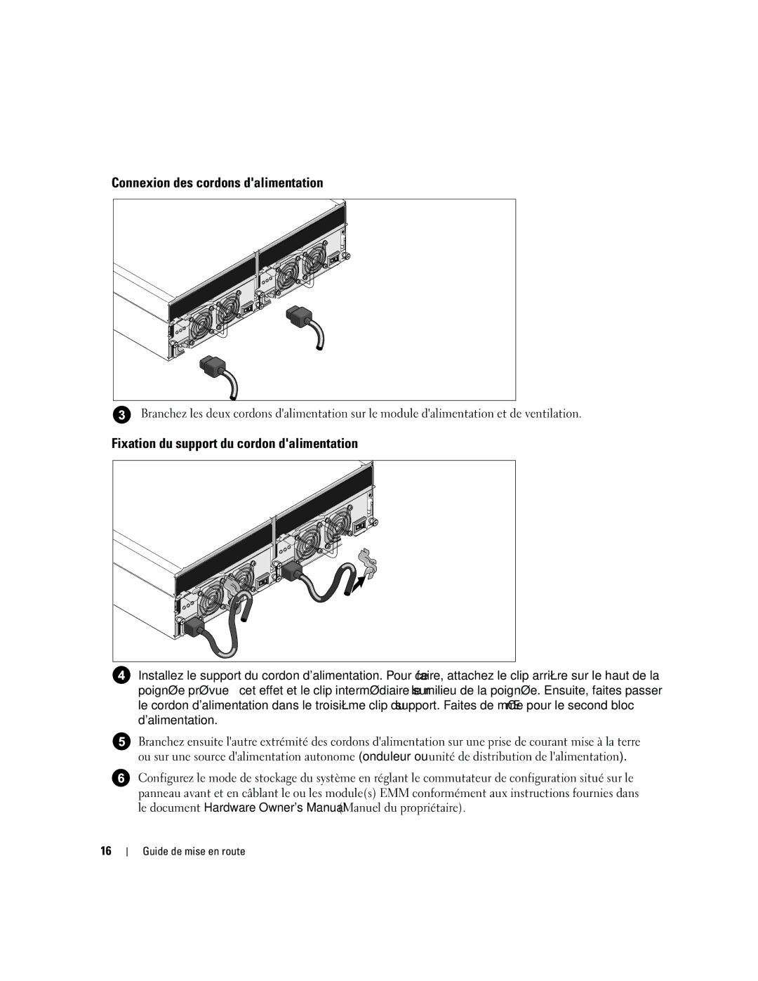 Dell AMP01 manual Connexion des cordons dalimentation, Fixation du support du cordon dalimentation 