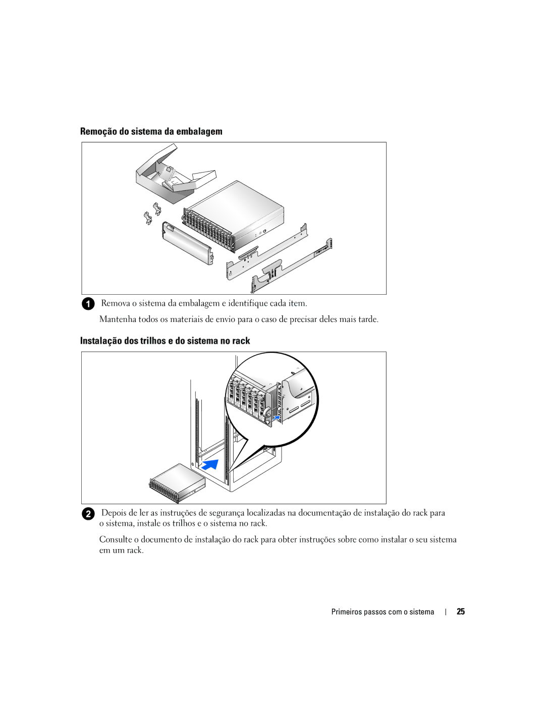 Dell AMP01 manual Remoção do sistema da embalagem, Instalação dos trilhos e do sistema no rack 