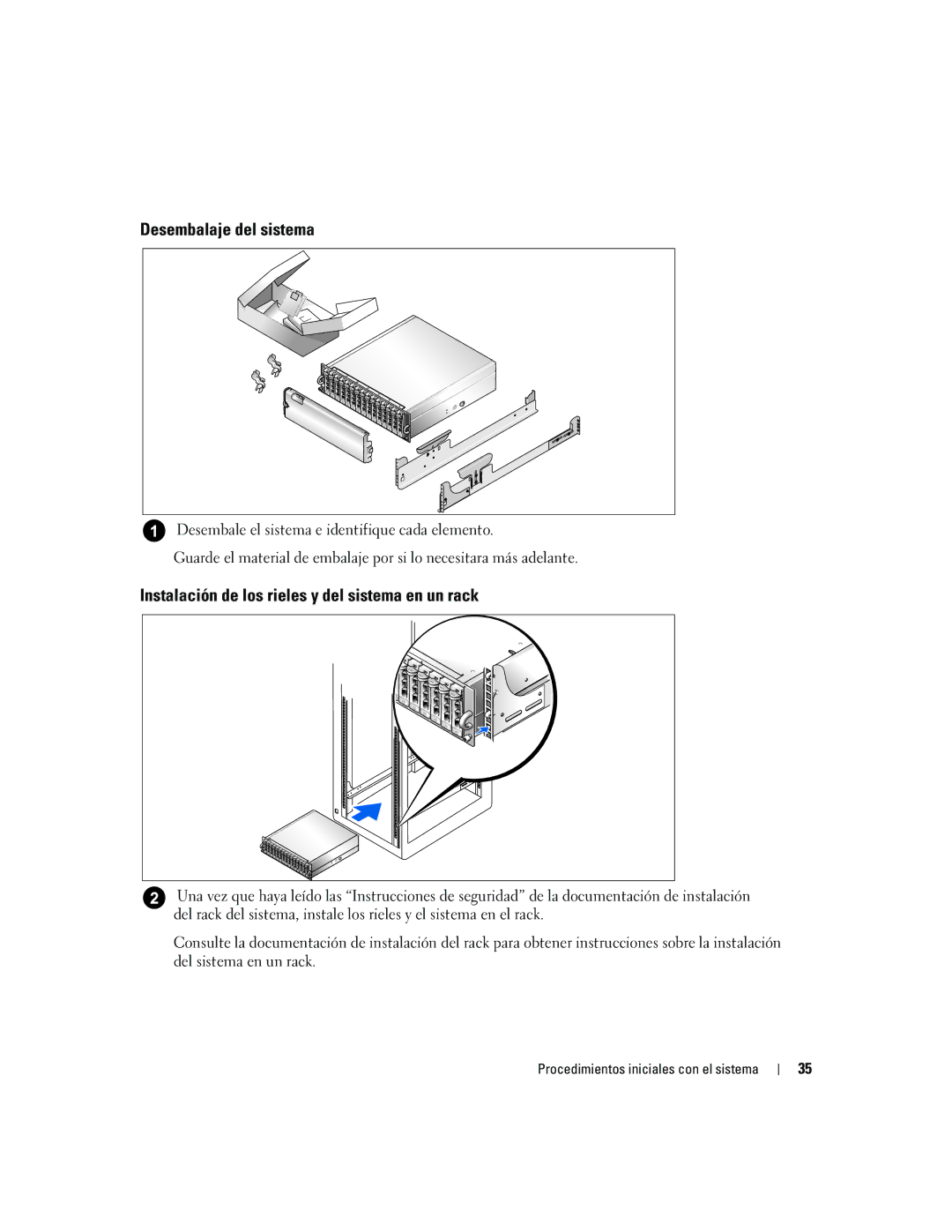 Dell AMP01 manual Desembalaje del sistema, Instalación de los rieles y del sistema en un rack 