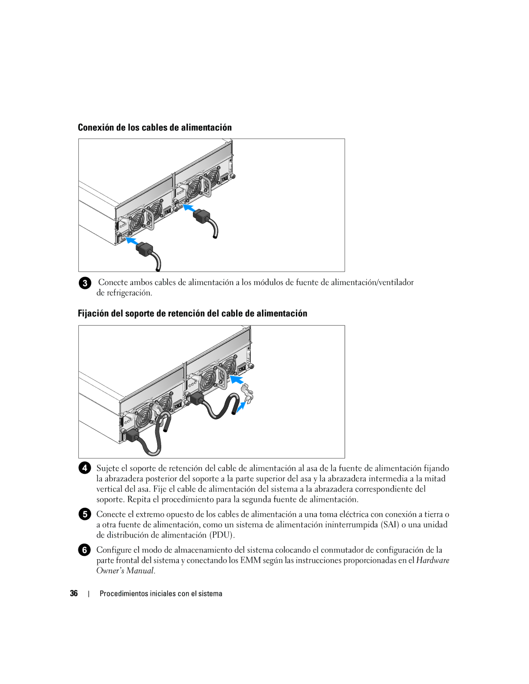 Dell AMP01 manual Conexión de los cables de alimentación, Fijación del soporte de retención del cable de alimentación 