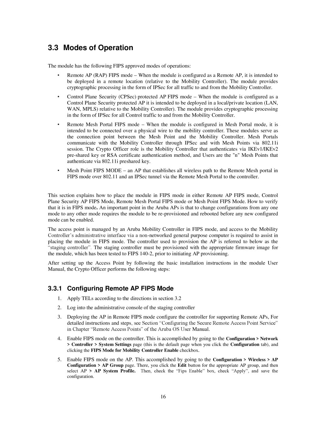 Dell AP-134, AP-135, W-AP135, W-AP134 manual Modes of Operation, Configuring Remote AP Fips Mode 